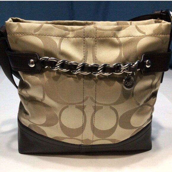 Coach Crossbody Purse Signature Chain Sateen Leather Hobo Shoulder Bag Brown Tan - Picture 1 of 8
